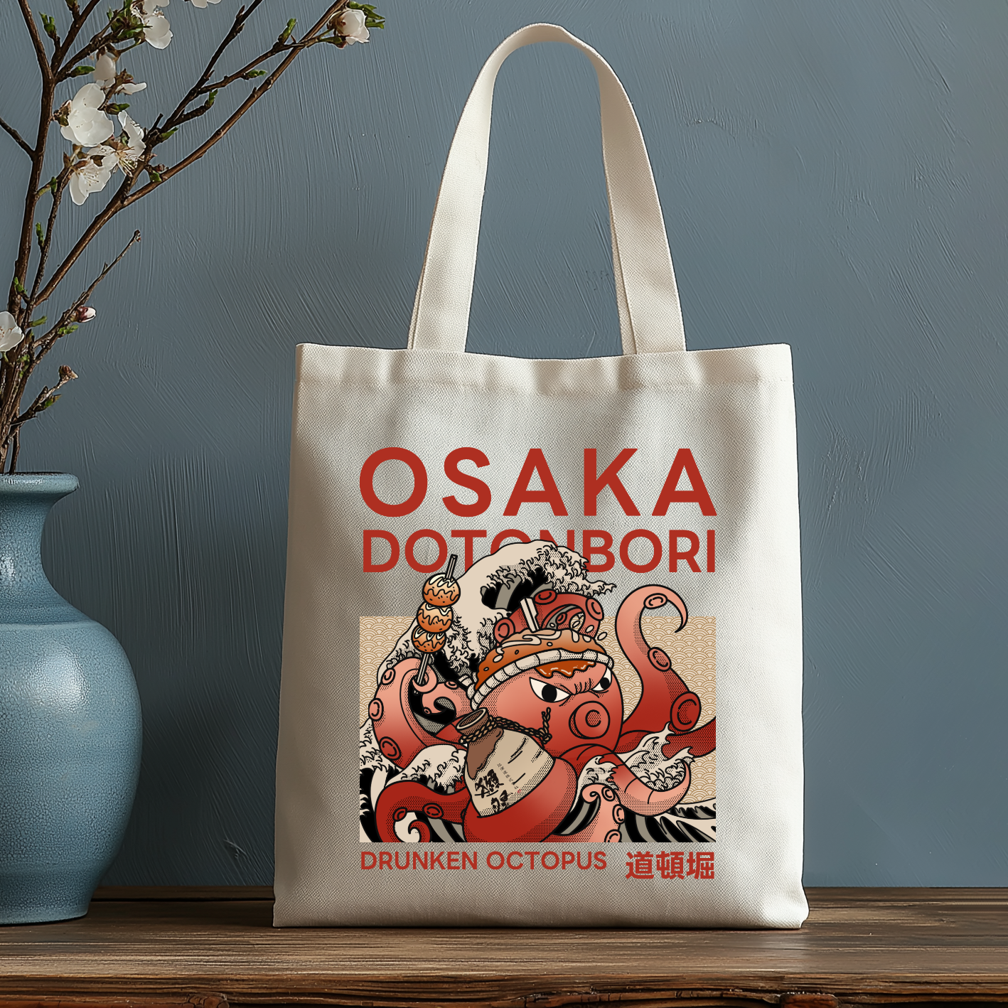 Osaka Dotonbori Drunken Octopus Japanese Style Canvas Tote Bag