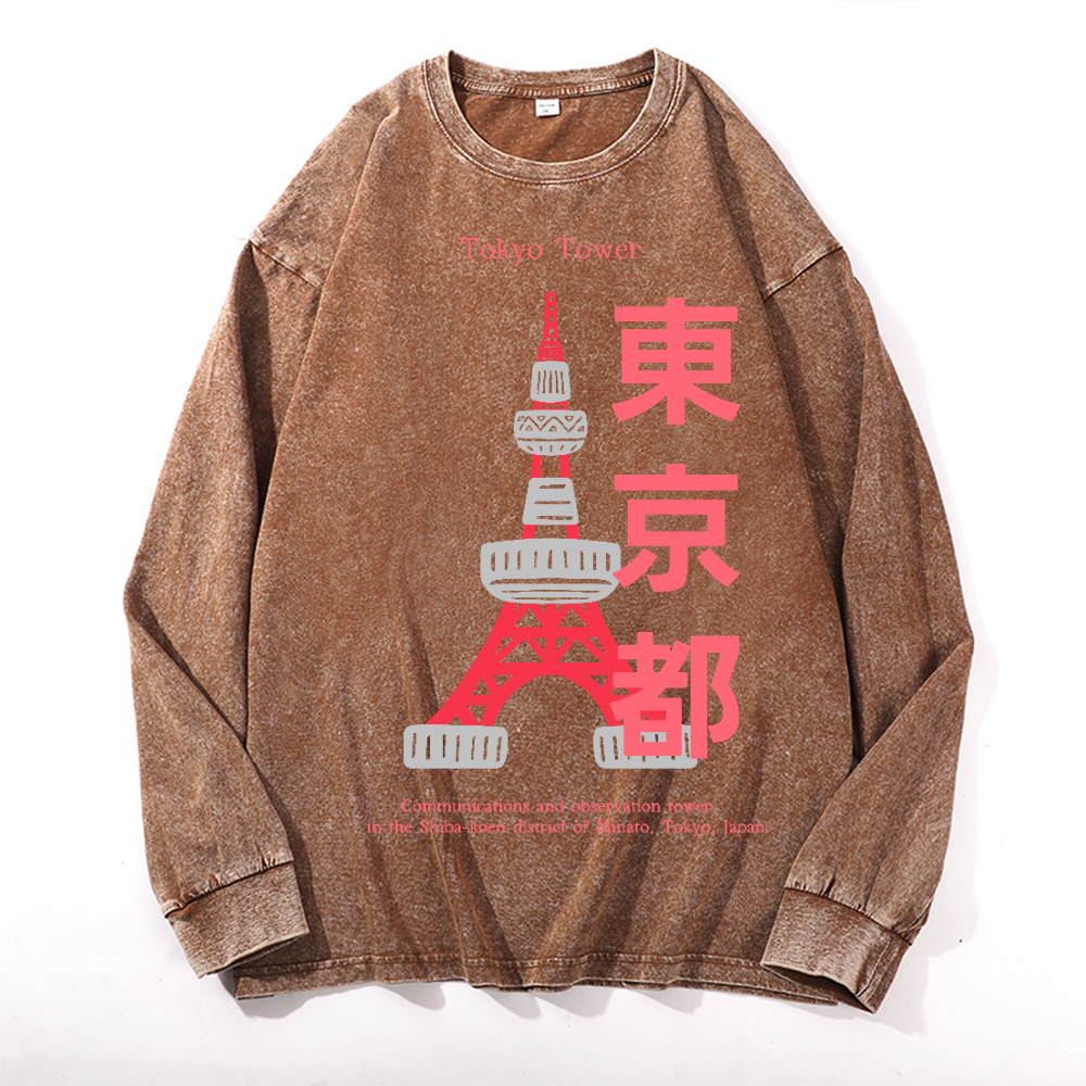 Tokyo Tower Vintage Cotton Wash Crewneck Long-Sleeve T-Shirt
