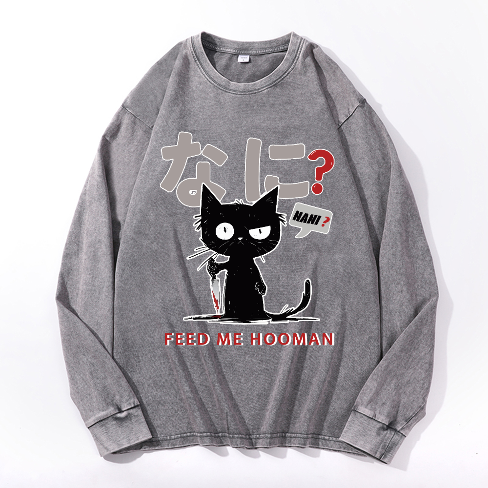 Cat Feed Me Vintage Cotton Wash Long-sleeve T-shirt
