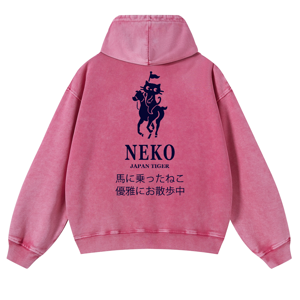 Neko Cat Vintage Washed Cotton Back Art Hoodie