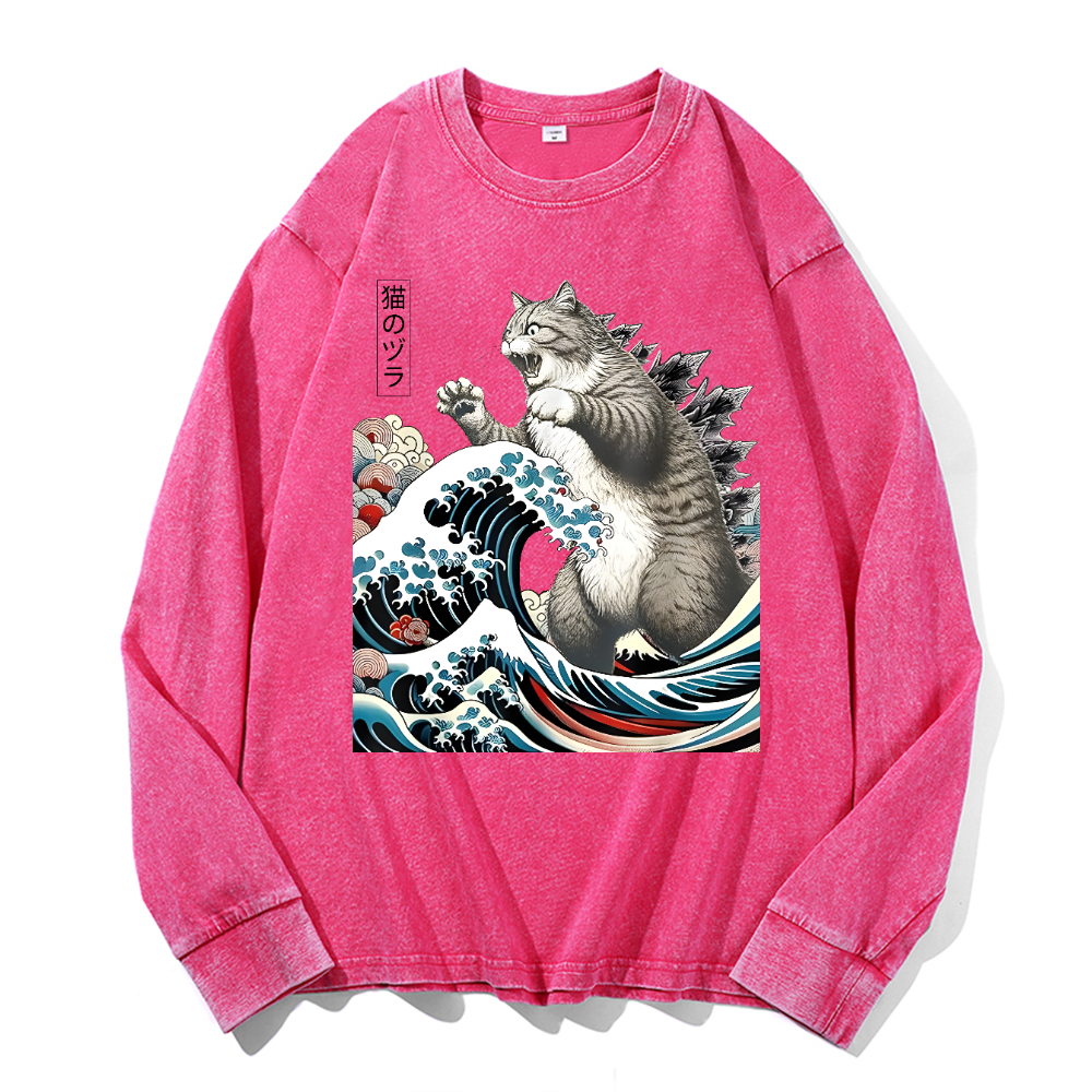 Cat Kaiju Ukiyoe Great Wave Vintage Cotton Wash Crewneck Long-Sleeve T-Shirt