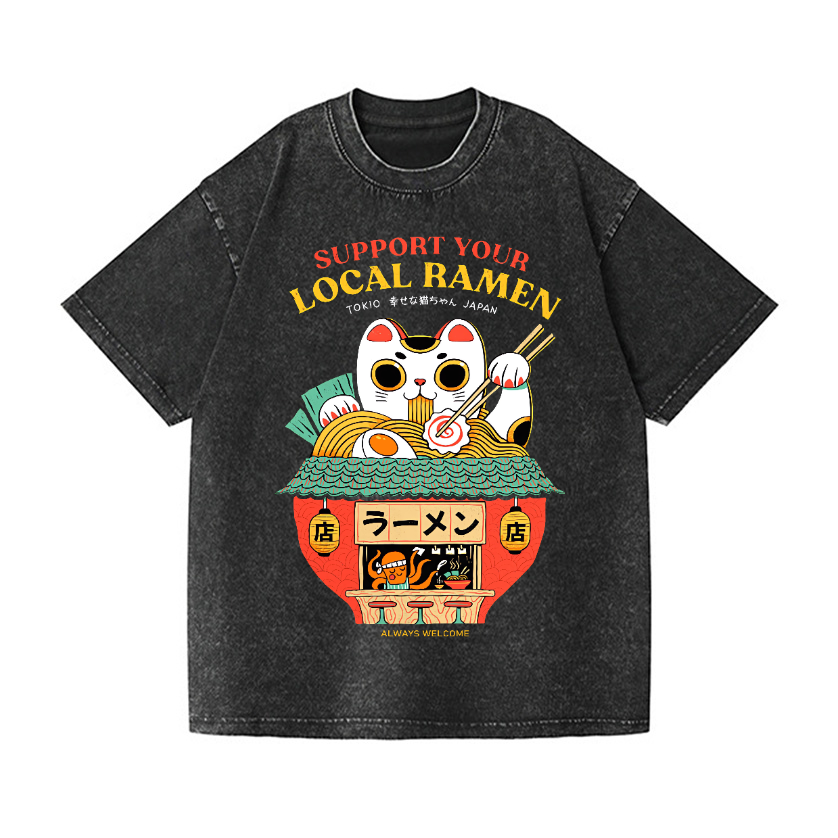 Ramen Lucky Cat Vintage Wash Japanese Design T-Shirt