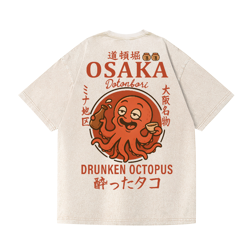 Osaka Dotonbori Drunken Octopus Vintage Wash Japanese Design Back Art T-Shirt