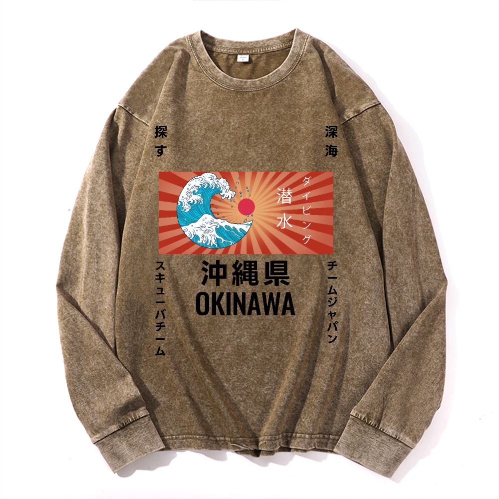 Okinawa Wave Vintage Cotton Wash Crewneck Long-Sleeve T-Shirt