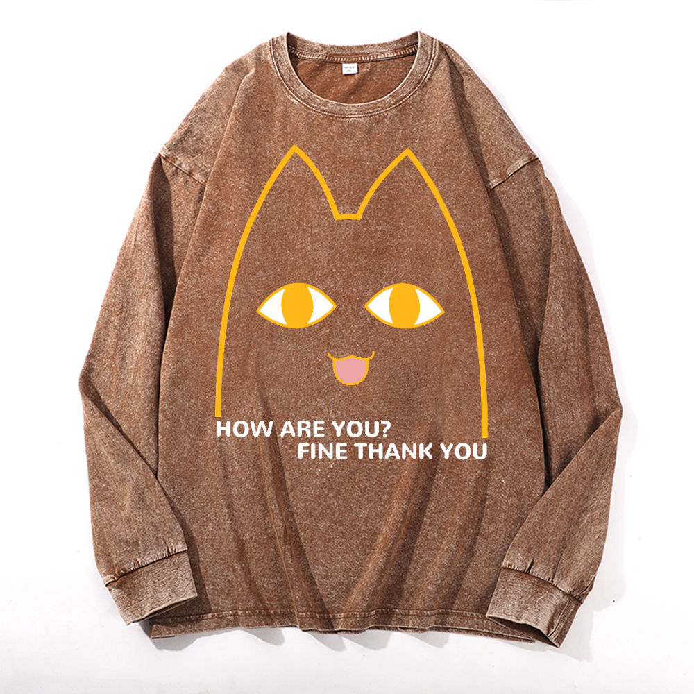 Cat Vintage Cotton Wash Crewneck Long-Sleeve T-Shirt