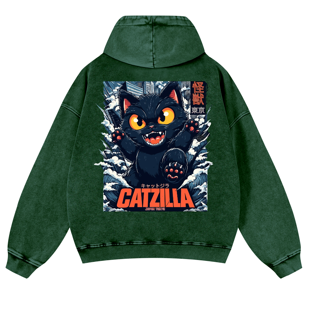 Catzilla Cat Kaiju Vintage Washed Cotton Back Art Hoodie