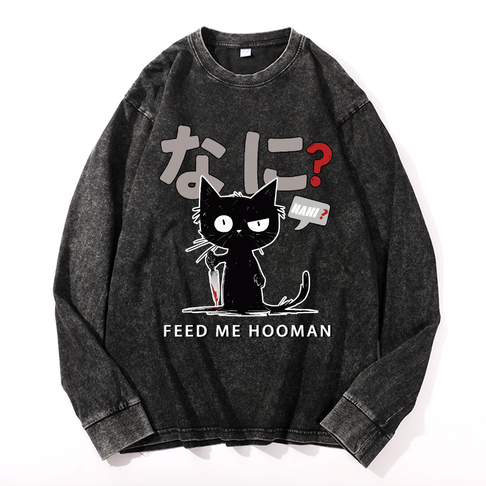 Cat Feed Me Vintage Cotton Wash Long-sleeve T-shirt