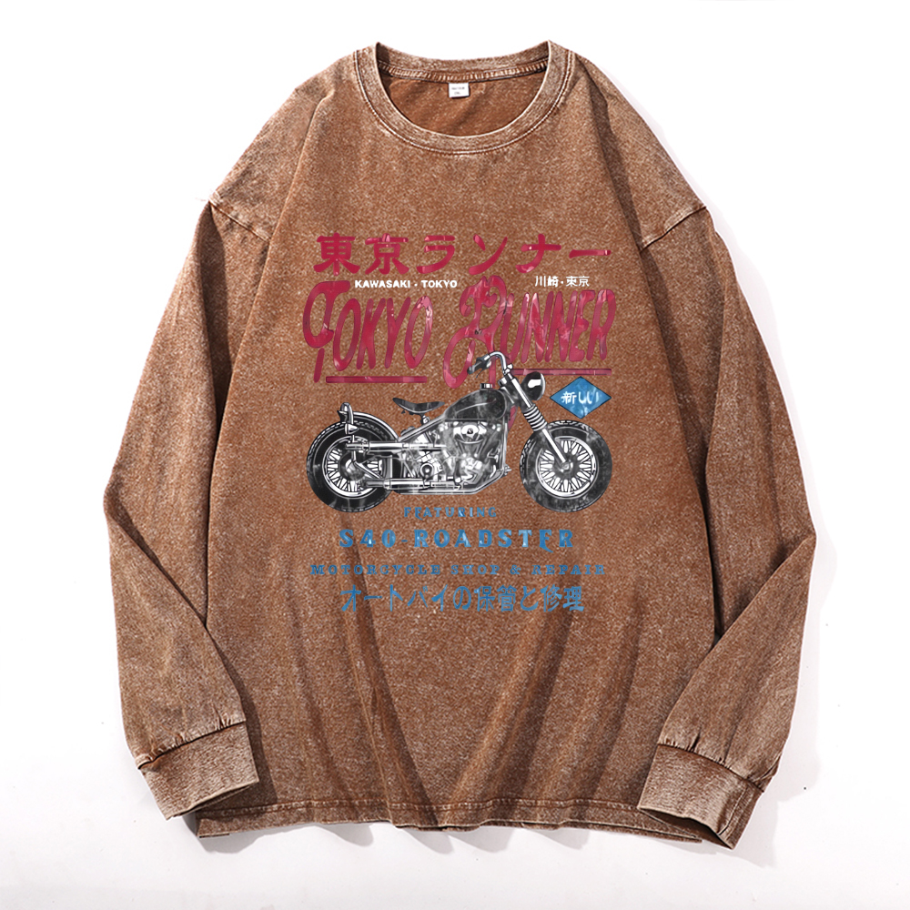 Tokyo Kawasaki S40 Repair Vintage Cotton Wash Crewneck Long-Sleeve T-Shirt