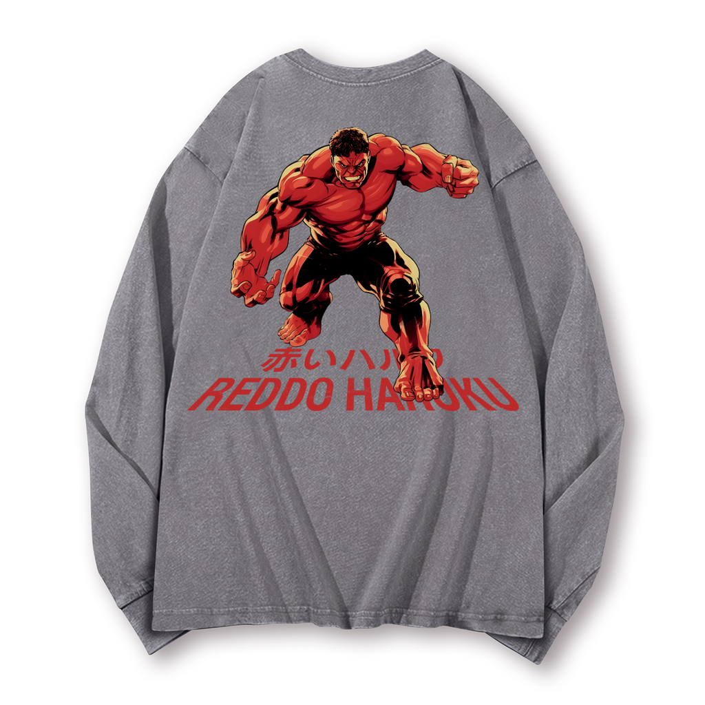 Reddo Haruku Vintage Washed Cotton Back Art Long-sleeve T-shirt