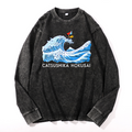 Cat Wave Vintage Cotton Wash Crewneck Long-Sleeve T-Shirt