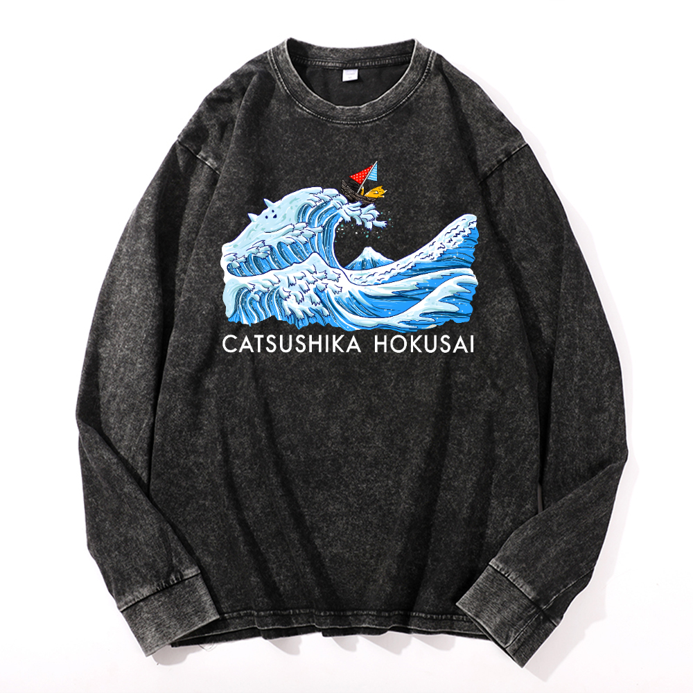 Cat Wave Vintage Cotton Wash Crewneck Long-Sleeve T-Shirt