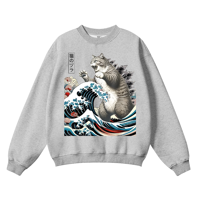Cat Kaiju Great Wave Vintage Cotton Blend Crewneck Sweatshirt