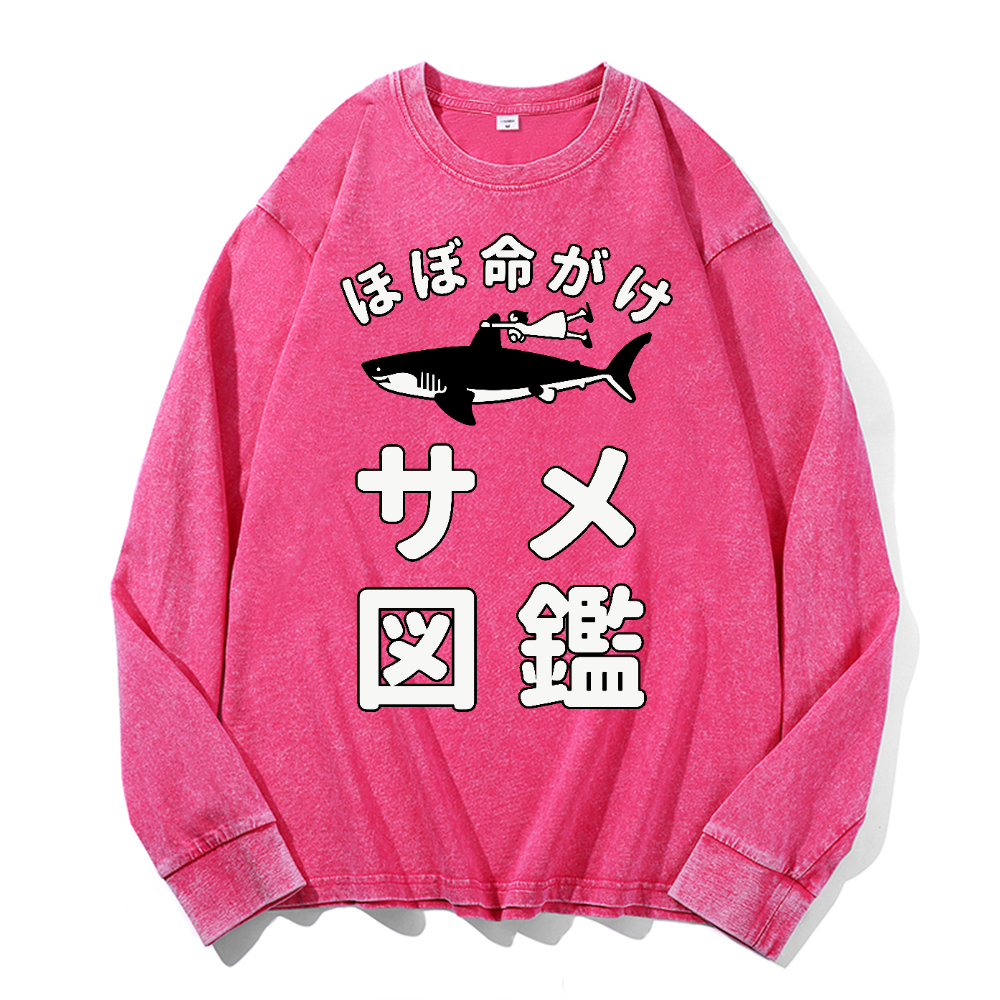 Shark Girl Vintage Cotton Wash Crewneck Long-Sleeve T-Shirt