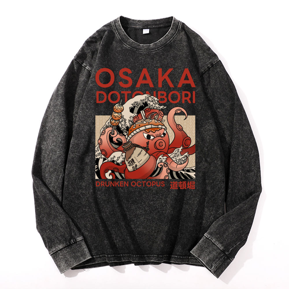 Osaka Dotonbori Drunken Octopus Vintage Cotton Wash Crewneck Long-Sleeve T-Shirt
