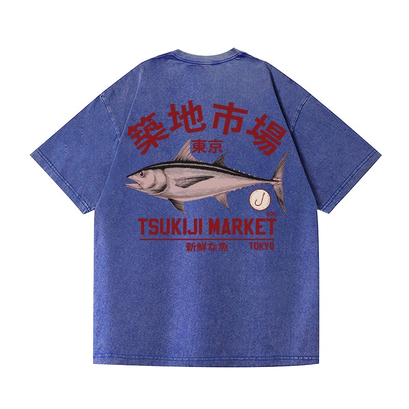 Tsukiji Fish Market Vintage Wash Japanese Design Back Art T-Shirt