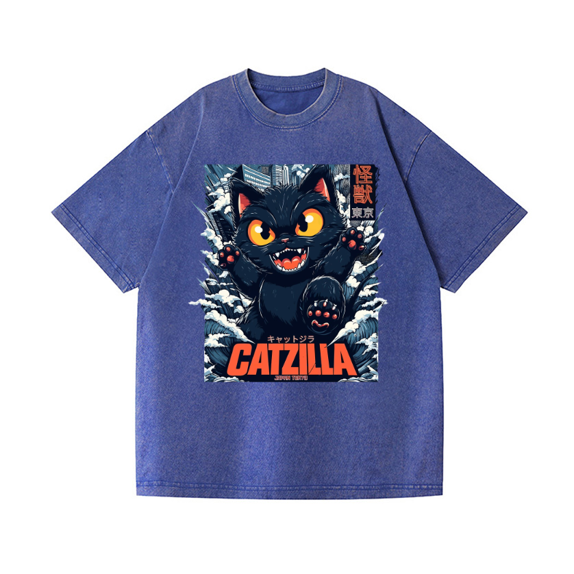Black Cat Kaiju Catzilla Vintage Wash Japanese Design T-Shirt