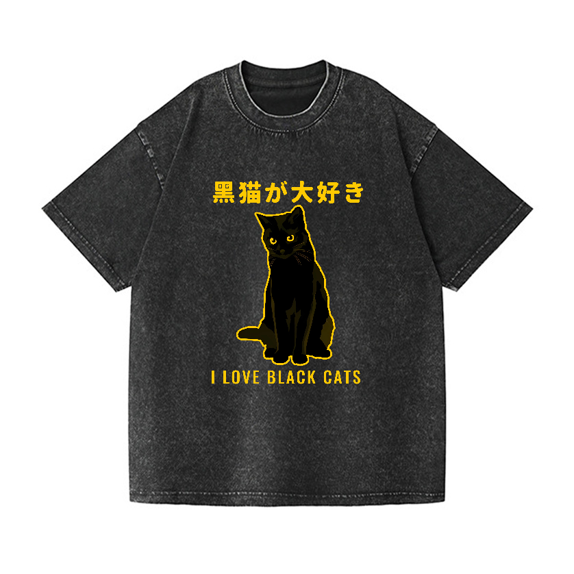 Black Cat Vintage Wash Japanese Design T-Shirt