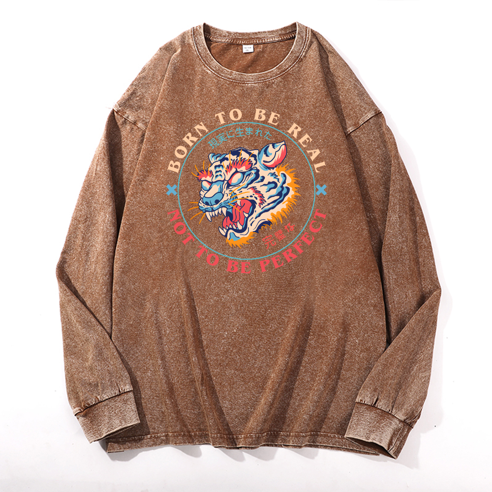 Tiger Vintage Cotton Wash Crewneck Long-Sleeve T-Shirt