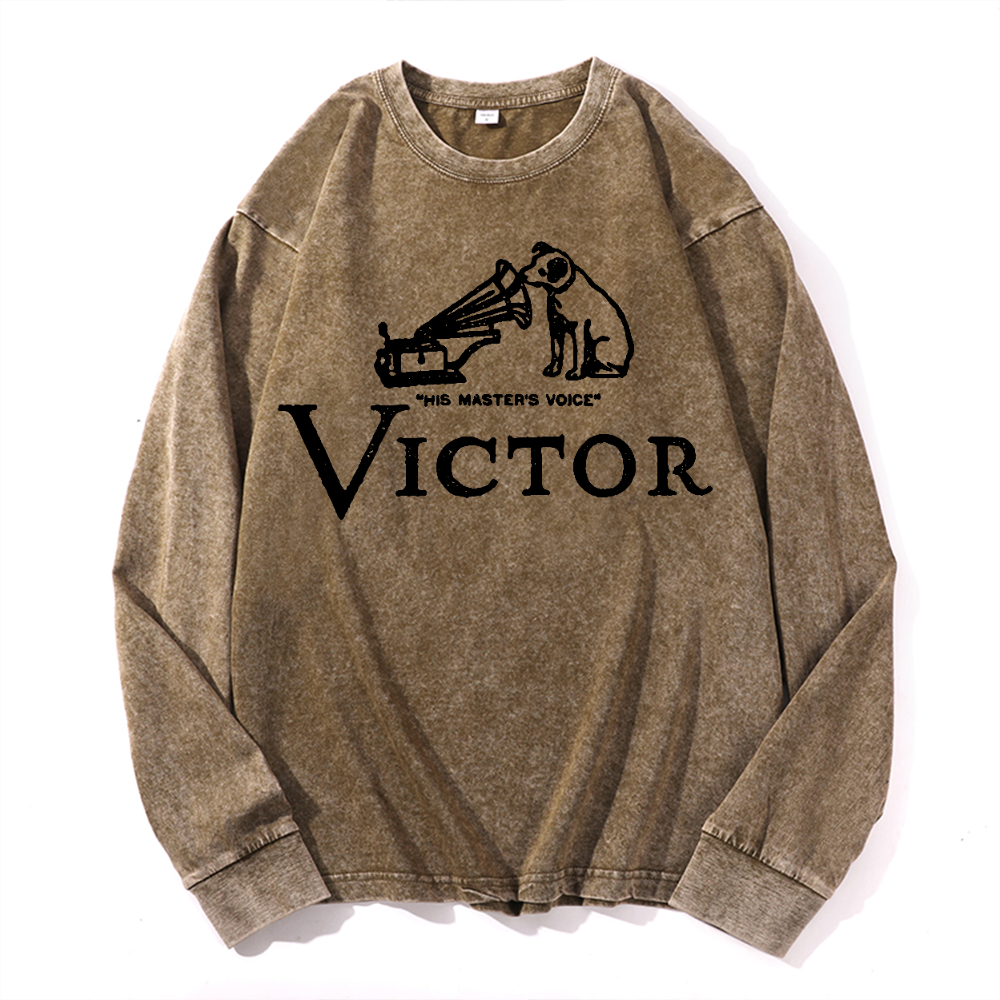 JVC Victor Dog Vintage Cotton Wash Crewneck Long-Sleeve T-Shirt