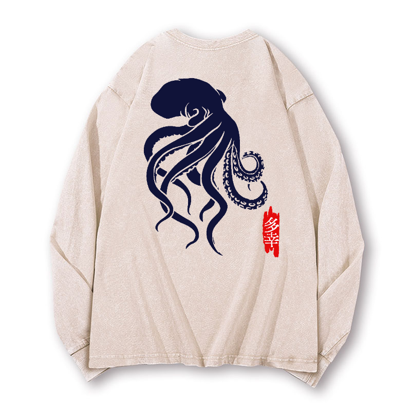 Octopus Vintage Washed Cotton Back Art Long-sleeve T-shirt