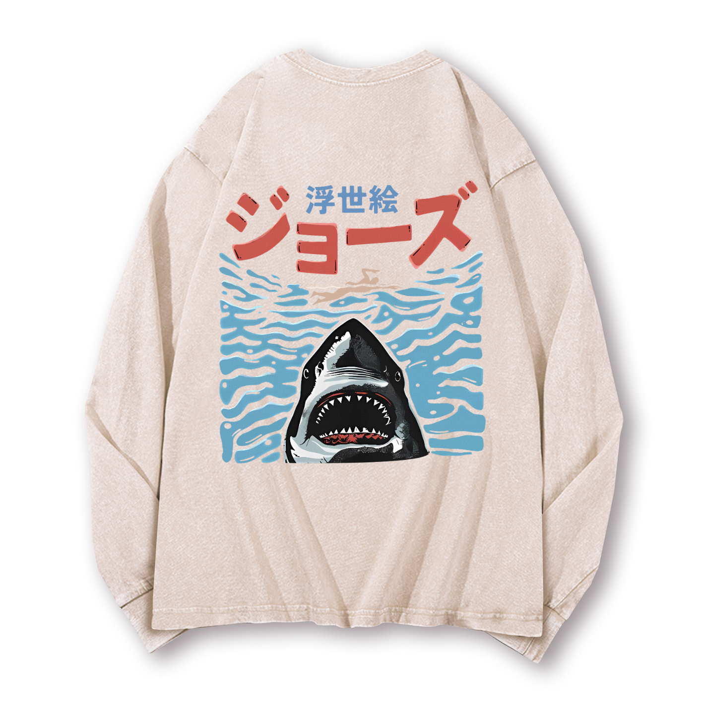 Ukiyoe Jaws Shark Vintage Washed Cotton Back Art Long-sleeve T-shirt