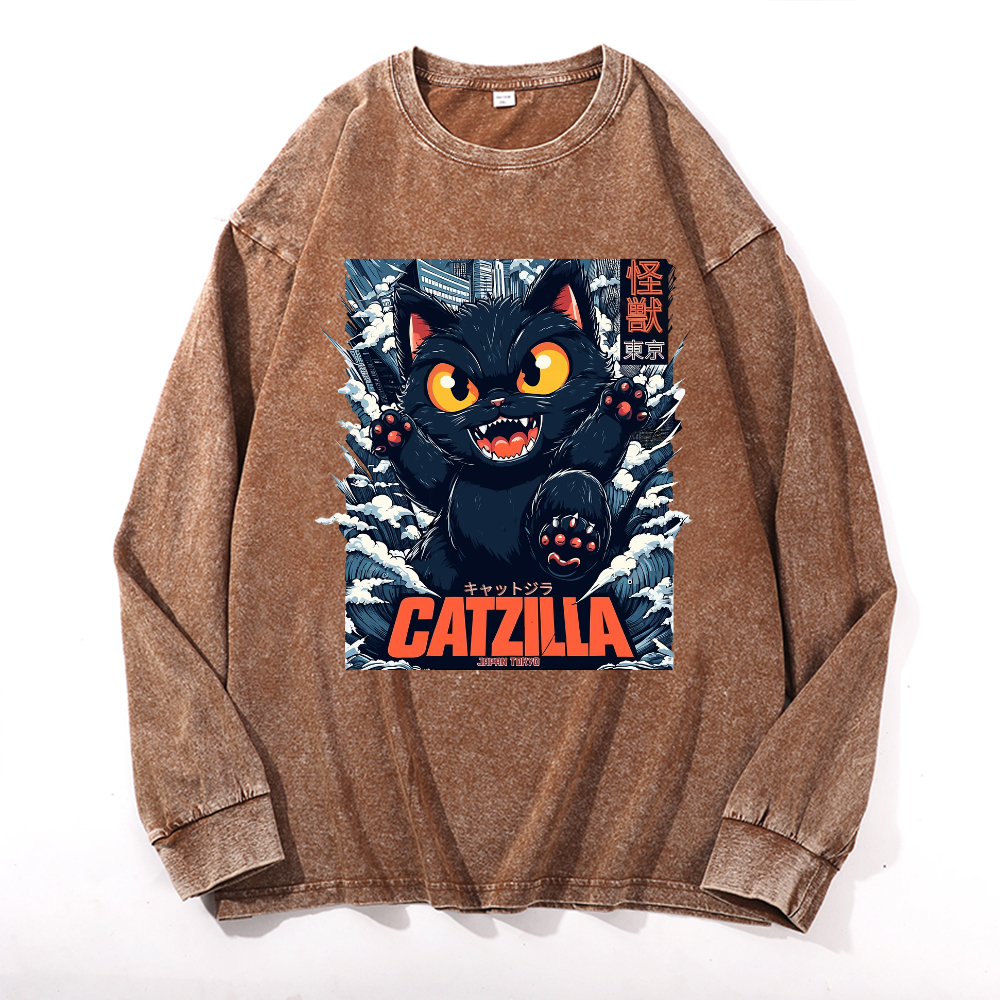 Catzilla Cat Kaiju Vintage Cotton Wash Crewneck Long-Sleeve T-Shirt