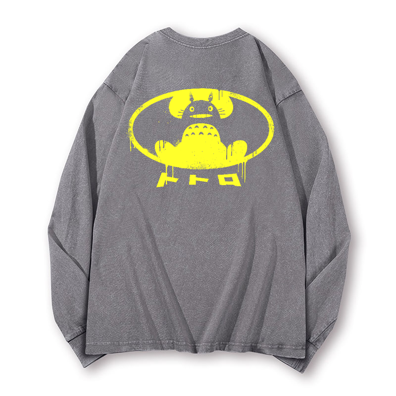 Ghibli Totoro Batman Vintage Washed Cotton Back Art Long-sleeve T-shirt