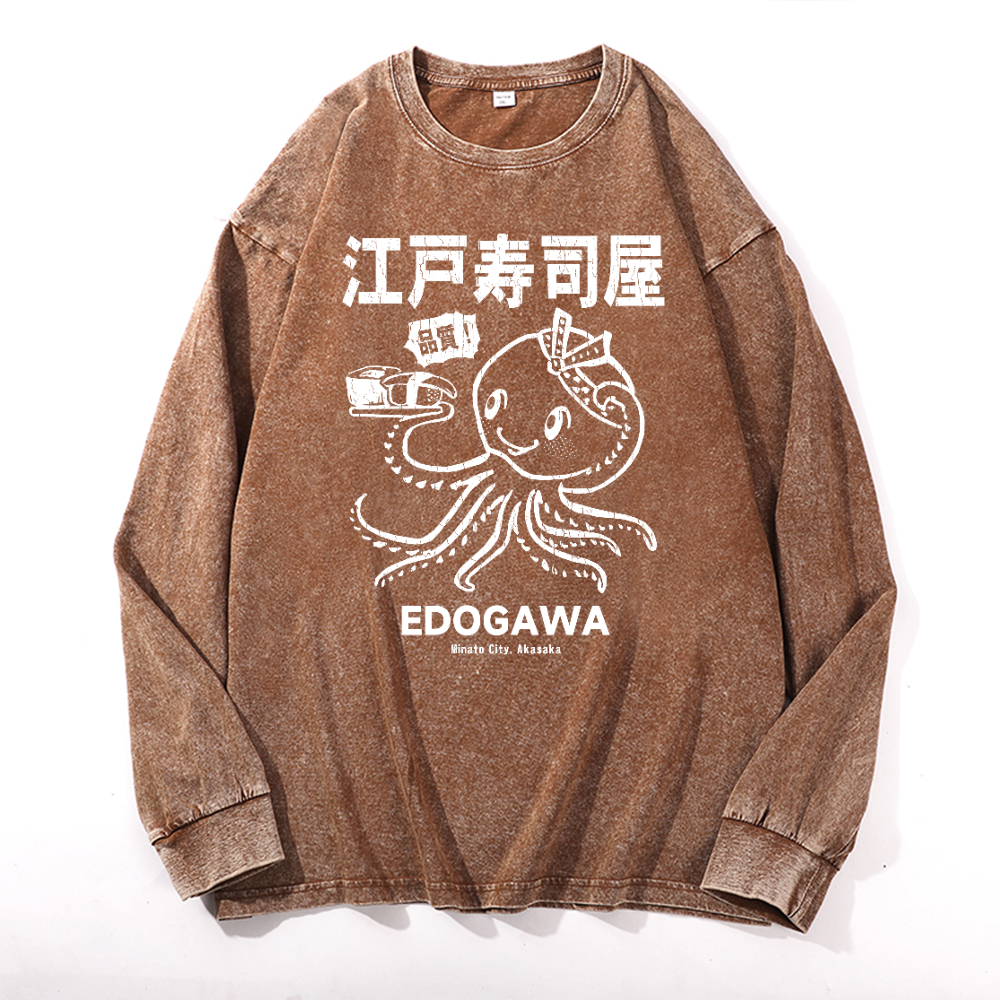 Edogawa Octopus Vintage Cotton Wash Crewneck Long-Sleeve T-Shirt