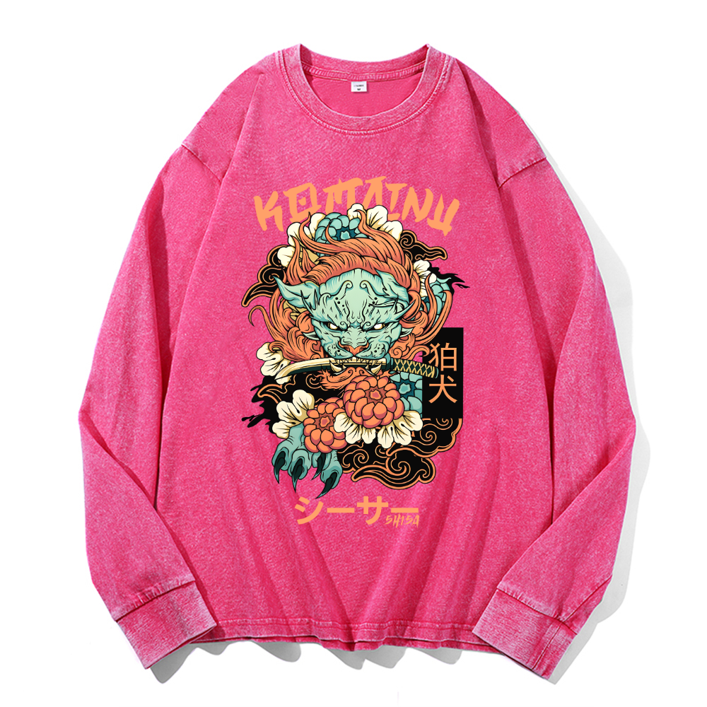 Komainu Vintage Cotton Wash Crewneck Long-Sleeve T-Shirt