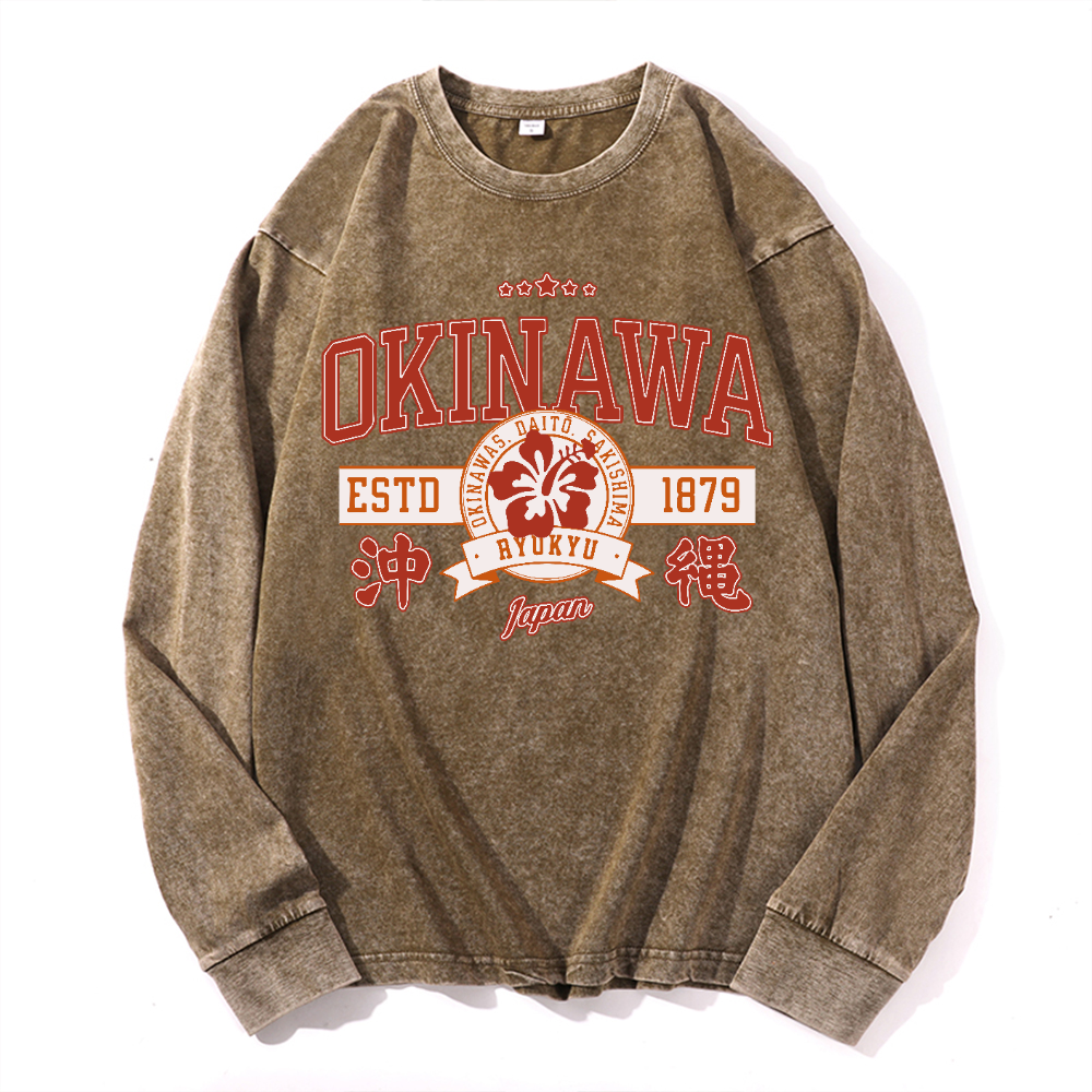 Okinawa Daito Sakishima Ryukyu Vintage Cotton Wash Crewneck Long-Sleeve T-Shirt