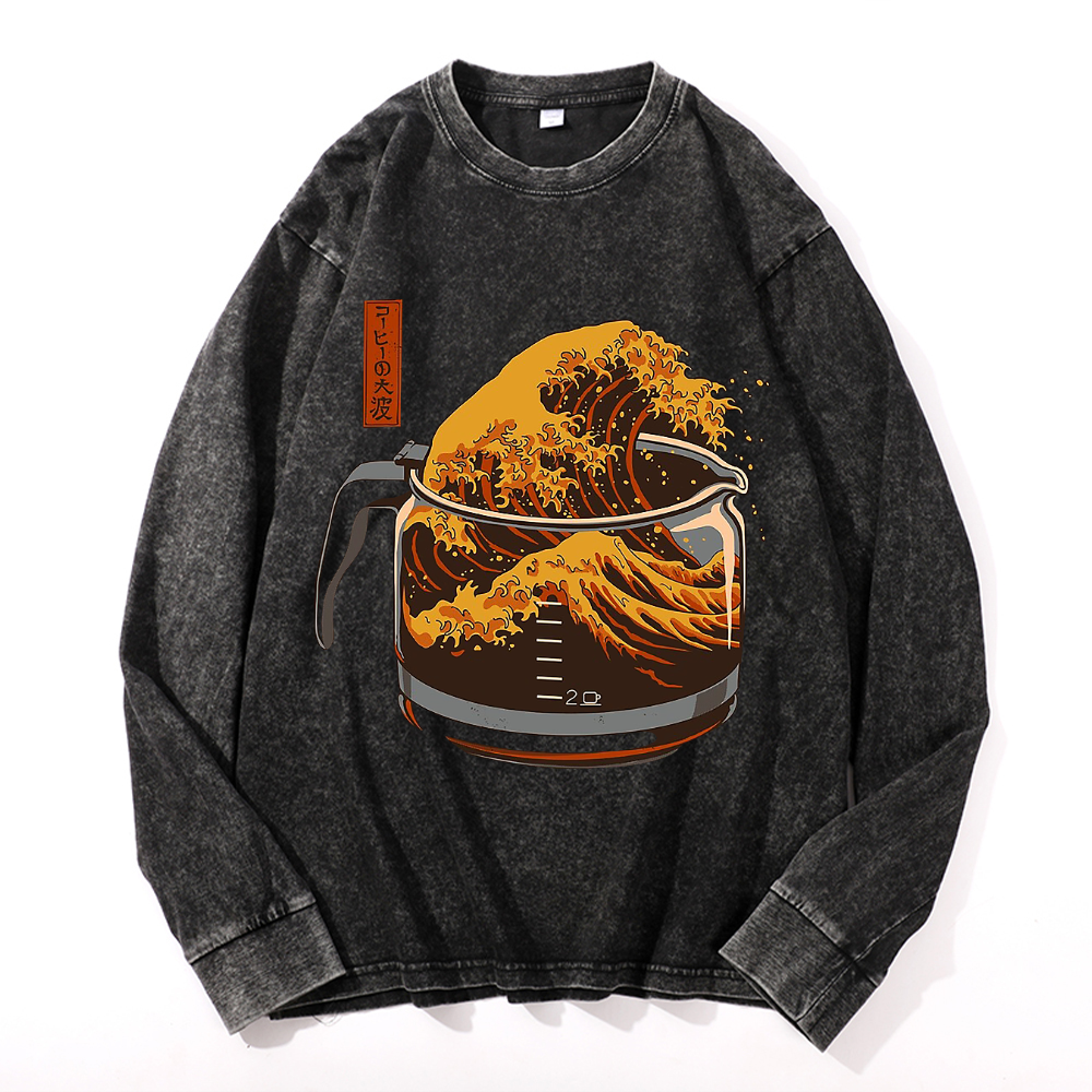 The Great Wave off Kanagawa Vintage Cotton Wash Crewneck Long-Sleeve T-Shirt