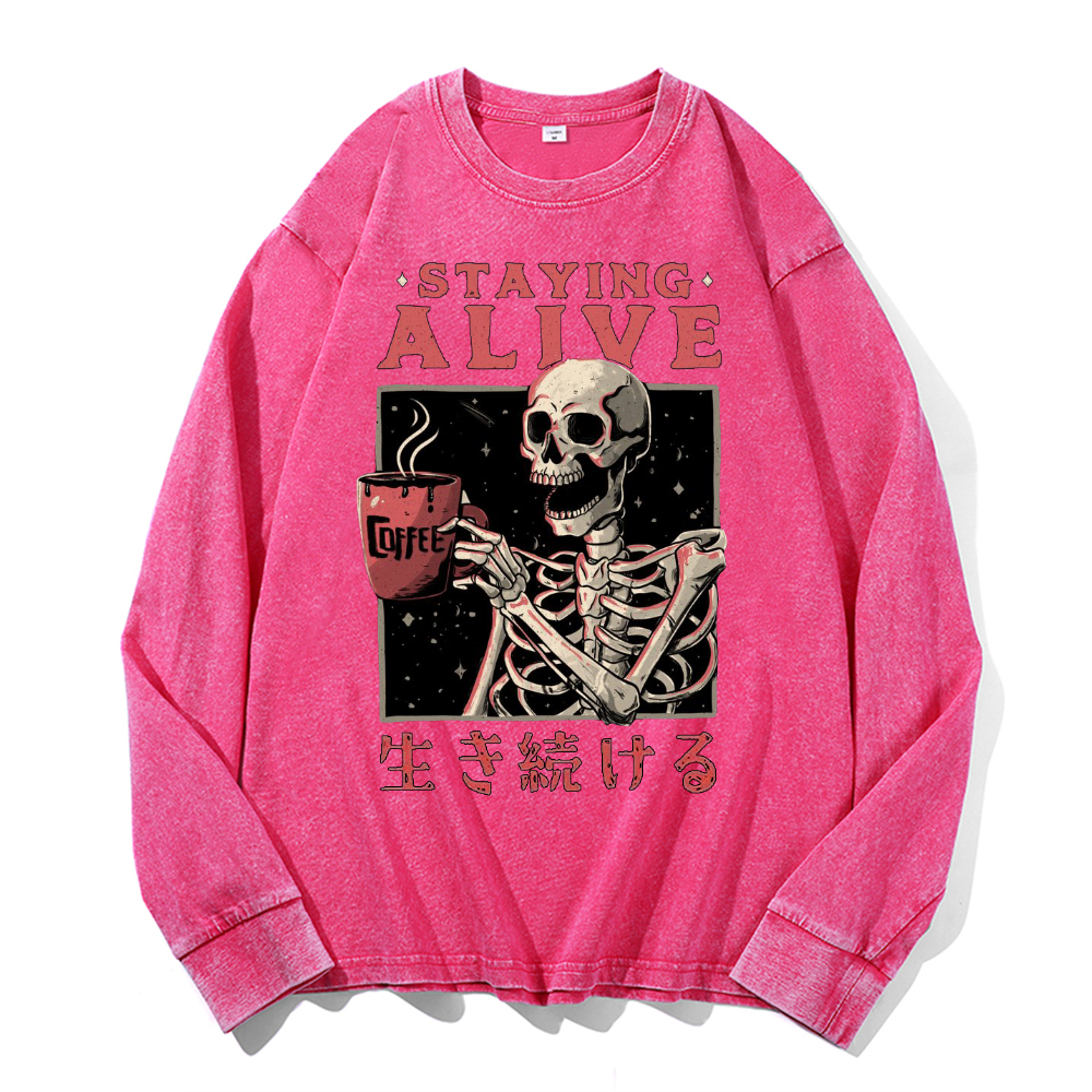 Staying Alive Vintage Cotton Wash Crewneck Long-Sleeve T-Shirt