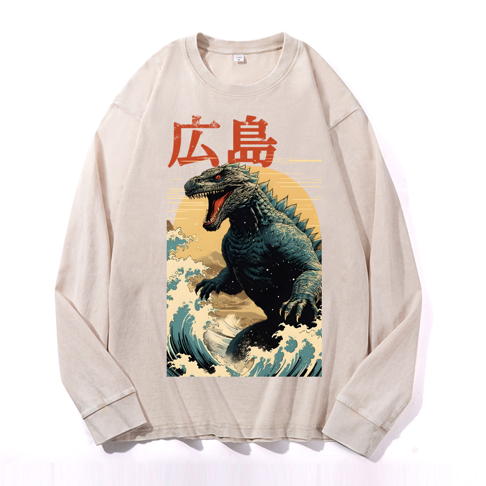 Hiroshima Kaiju Vintage Cotton Wash Crewneck Long-Sleeve T-Shirt
