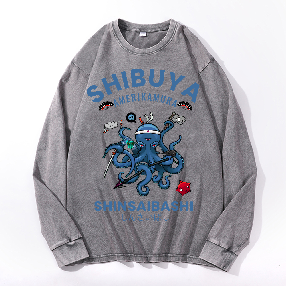 Shibuya Octopus Vintage Cotton Wash Crewneck Long-Sleeve T-Shirt