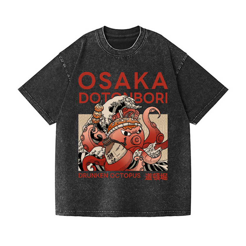 Osaka Dotonbori Drunken Octopus  Vintage Wash Japanese Design T-Shirt