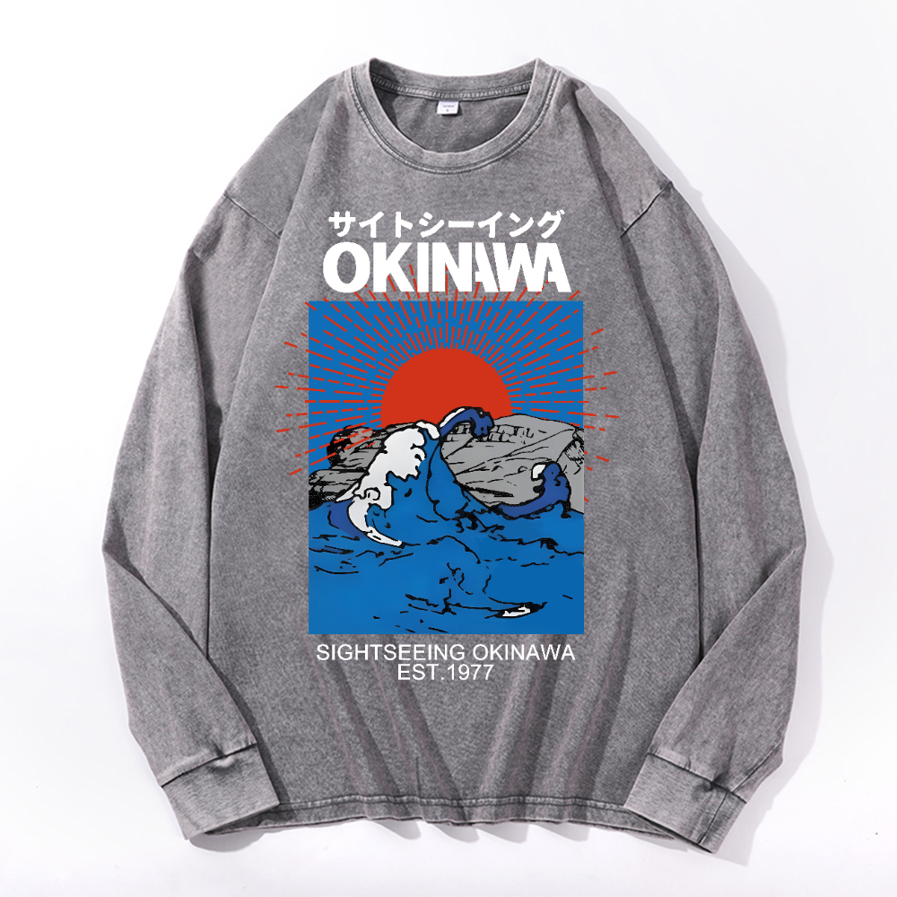 Okinawa Wave Vintage Cotton Wash Crewneck Long-Sleeve T-Shirt