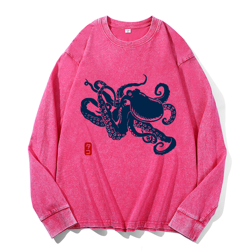 Octopus Vintage Cotton Wash Crewneck Long-Sleeve T-Shirt