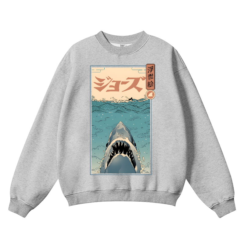 Ukiyoe Jaws Shark Vintage Cotton Blend Crewneck Sweatshirt