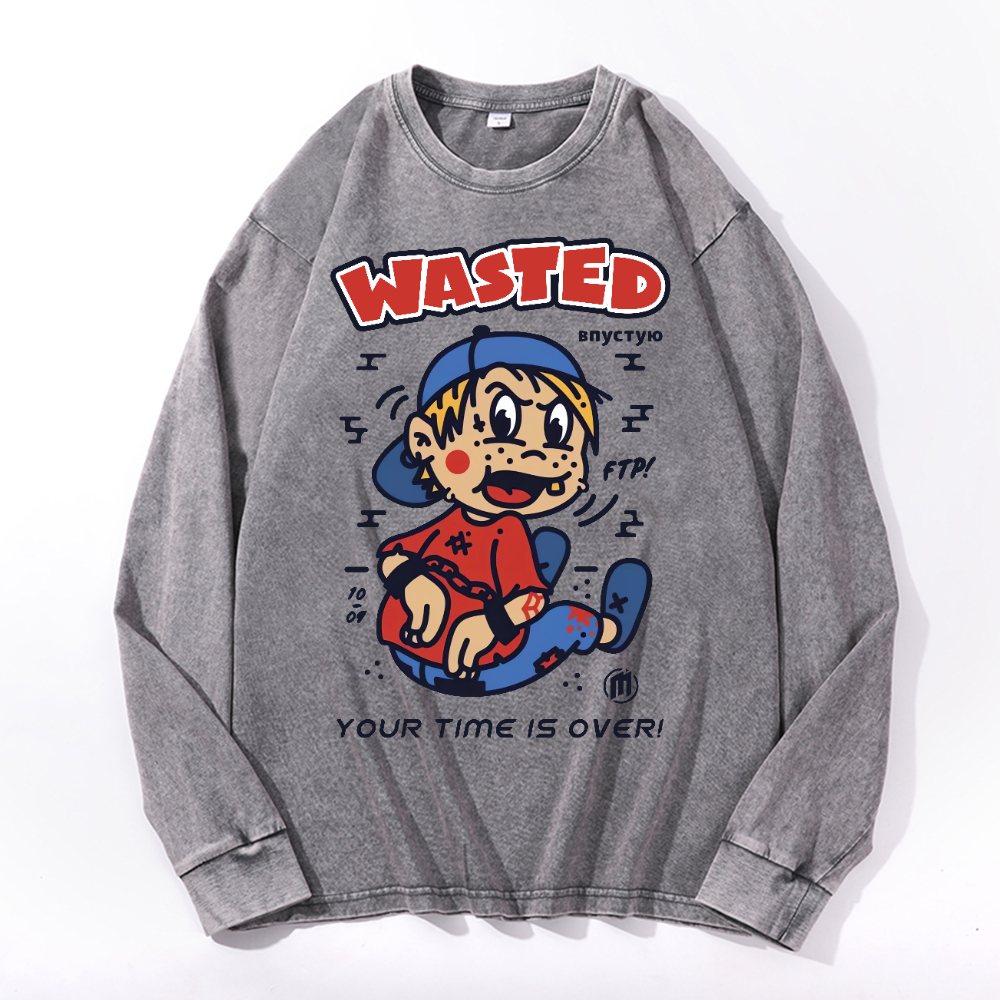 Wasted Vintage Cotton Wash Crewneck Long-Sleeve T-Shirt