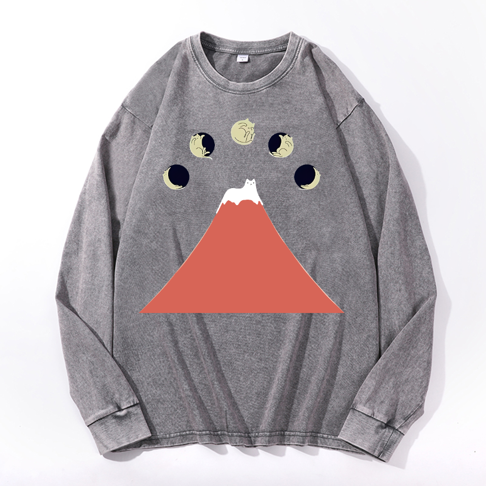 Fuji Cat Vintage Cotton Wash Crewneck Long-Sleeve T-Shirt