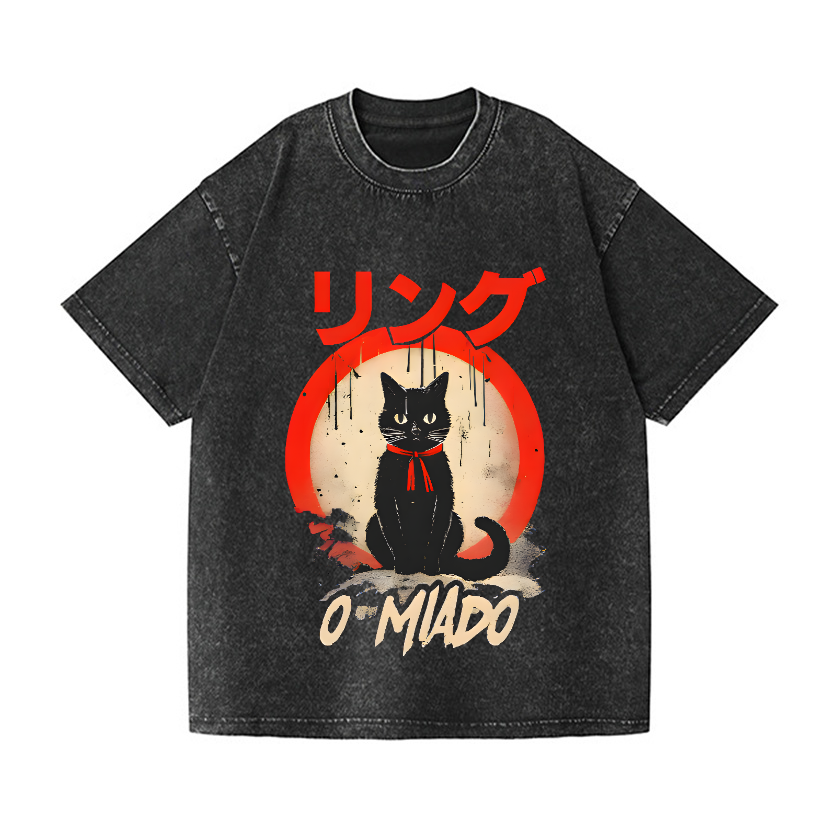 Black Cat Vintage Wash Japanese Design T-Shirt