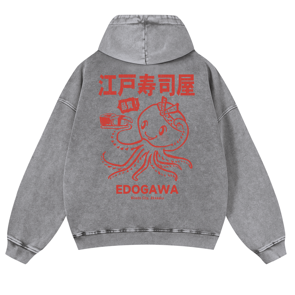 Edogawa  Octopus Vintage Washed Cotton Back Art Hoodie