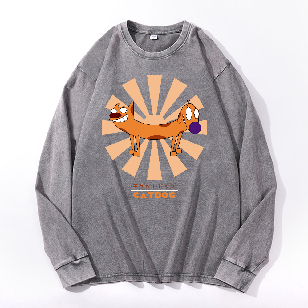 Catdog Vintage Cotton Wash Crewneck Long-Sleeve T-Shirt