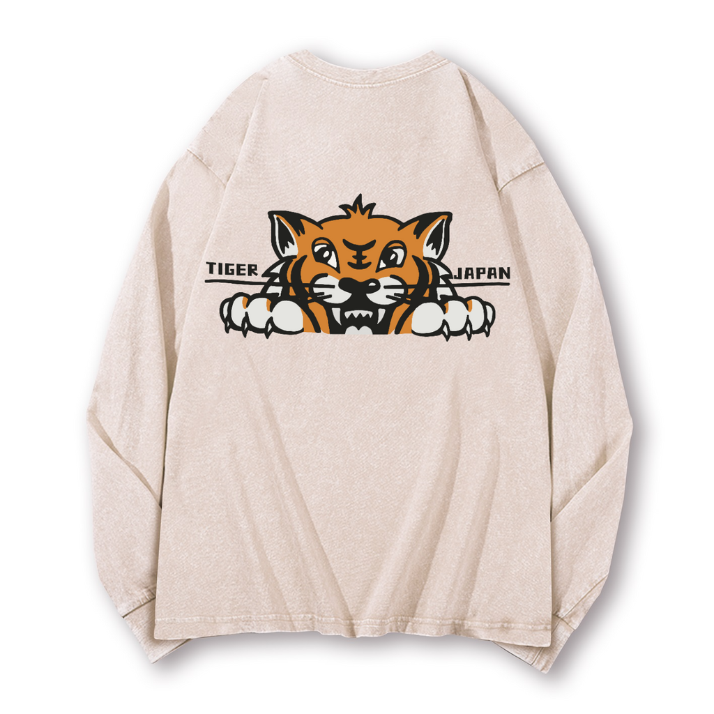 Japan Tiger Vintage Washed Cotton Back Art Long-sleeve T-shirt