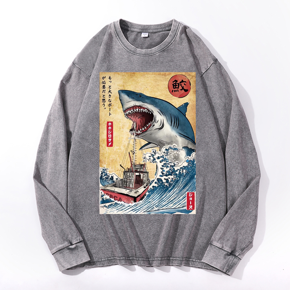 Shark Ukiyoe Vintage Cotton Wash Crewneck Long-Sleeve T-Shirt