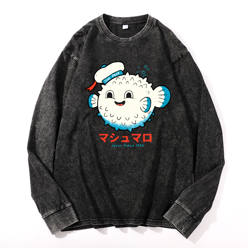 Puffer Fish Vintage Cotton Wash Crewneck Long-Sleeve T-Shirt