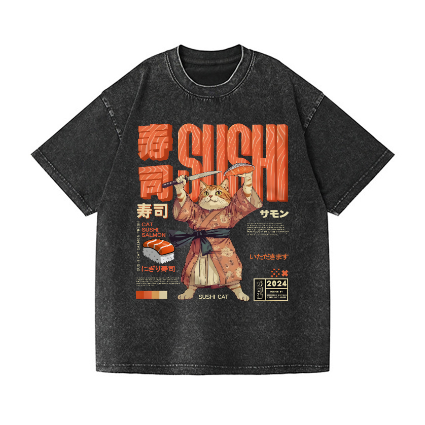 Sushi Cat Salmon Vintage Wash Japanese Design T-Shirt