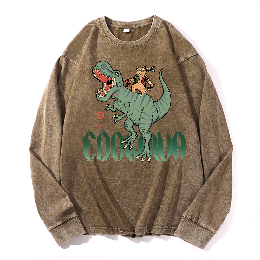 Cat T-Rex Vintage Cotton Wash Crewneck Long-Sleeve T-Shirt
