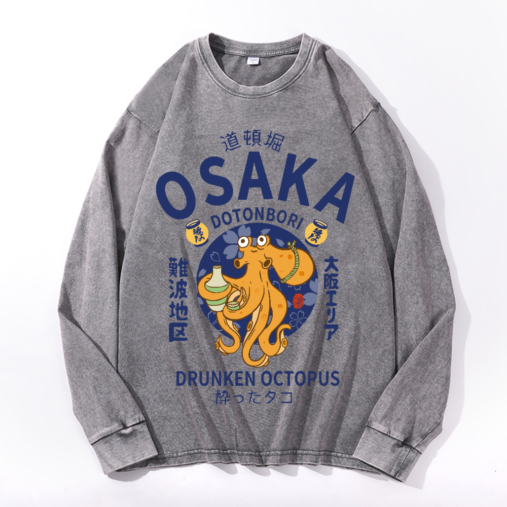 Osaka Dotonbori Drunken Octopus Vintage Cotton Wash Crewneck Long-Sleeve T-Shirt