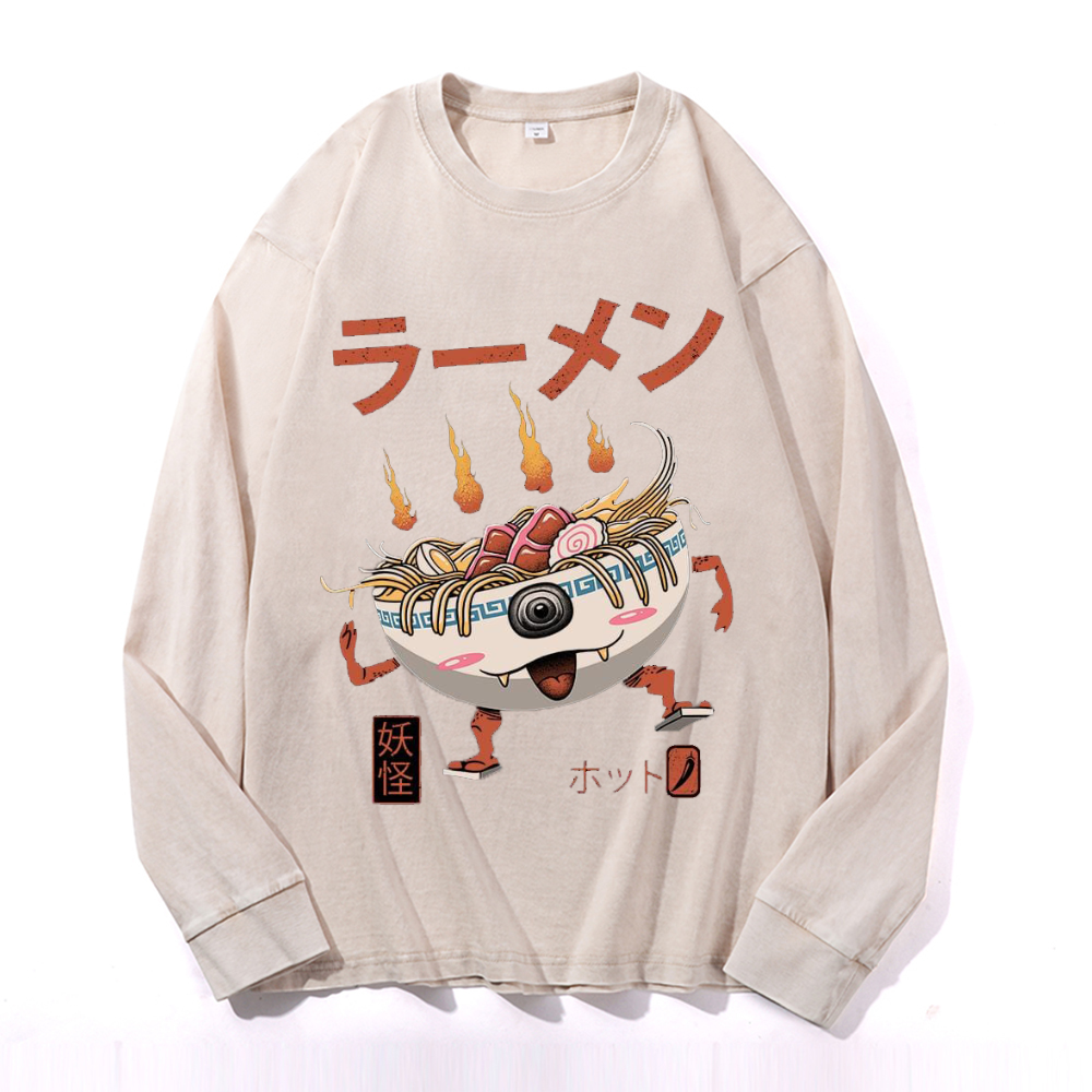 Ramen Monster Vintage Cotton Wash Crewneck Long-Sleeve T-Shirt